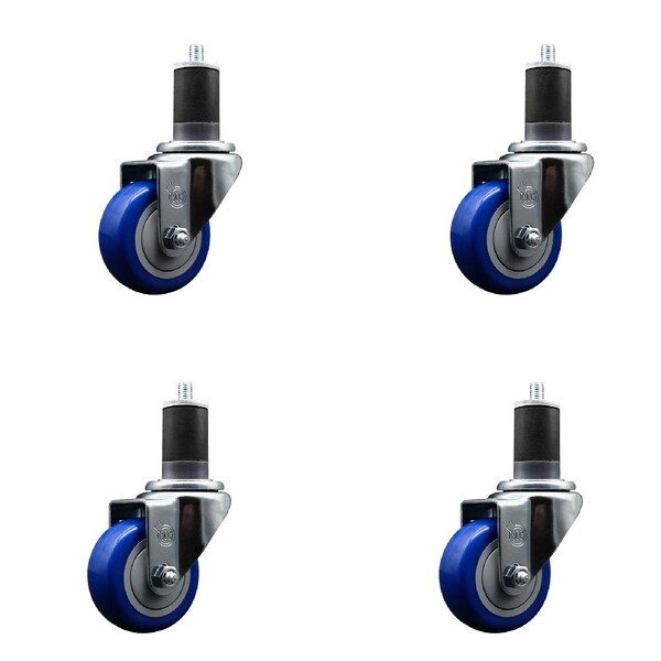 Service Caster 3'' SS Blue Poly Wheel Swivel 1-5/8'' Expanding Stem Caster Set, 4PK SCC-SSEX20S314-PPUB-BLUE-158-4 - main